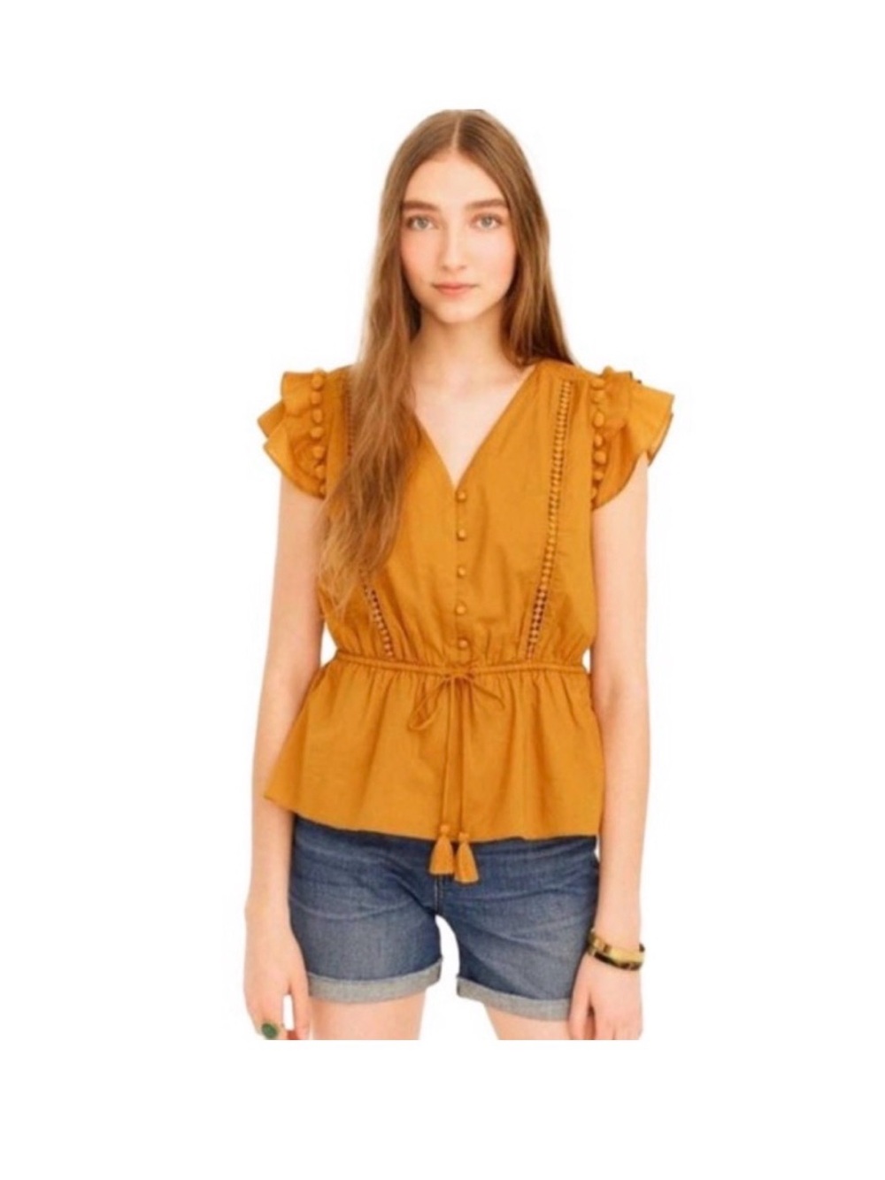 J. Crew Point Sur flutter-sleeve pom-pom top in cotton voile. LT